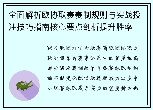 全面解析欧协联赛赛制规则与实战投注技巧指南核心要点剖析提升胜率 全面解析欧协联赛赛制规则与实战投注技巧指南核心要点剖析提升胜率